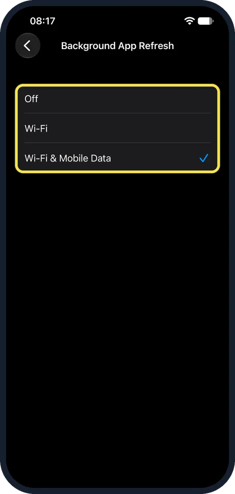 iPhone screen: Choose Off, Wi-Fi, or Wi-Fi & Mobile Data
