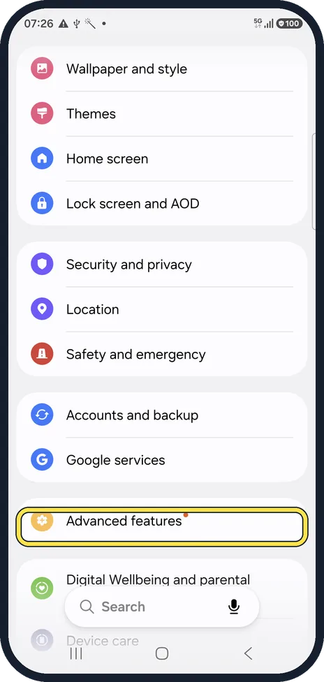 Android screenshot: Open Advanced features