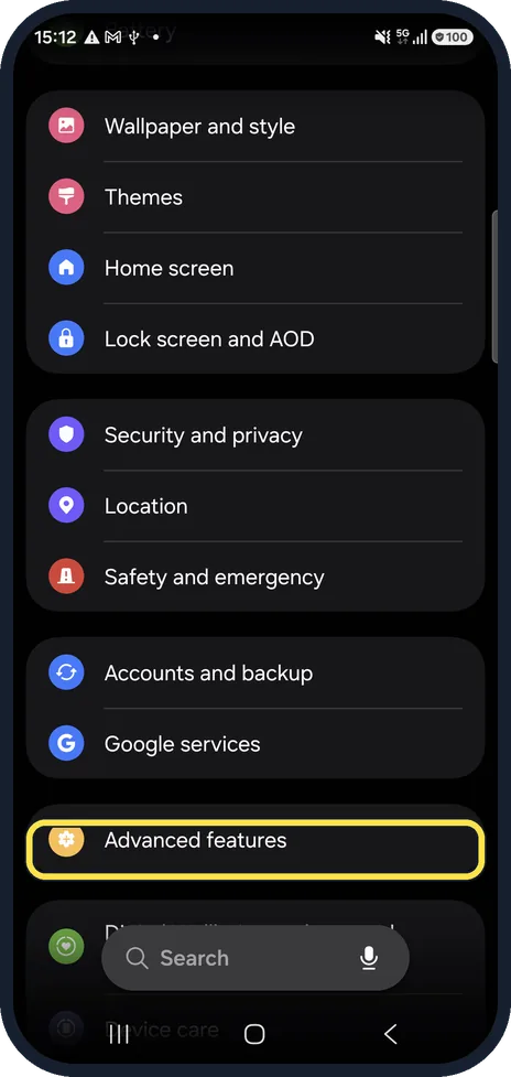 Android screenshot: Open Advanced features
