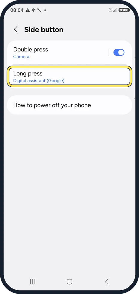 Android screenshot: Set Long press to Power off menu