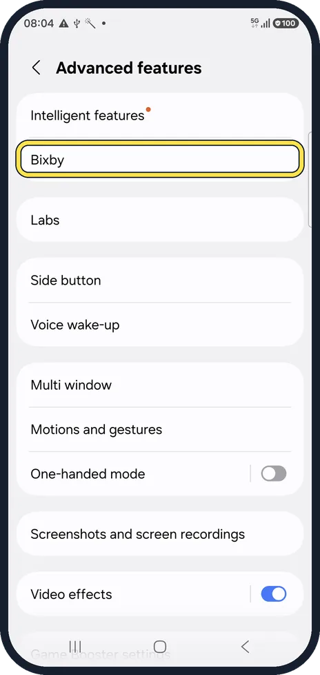 Android screenshot: Open Bixby