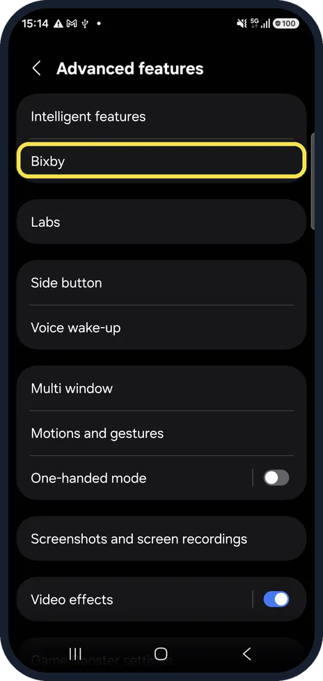 Android screenshot: Open Bixby