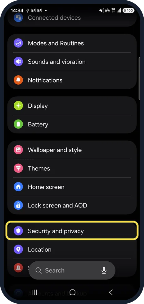 Android screenshot: Open Security and privacy