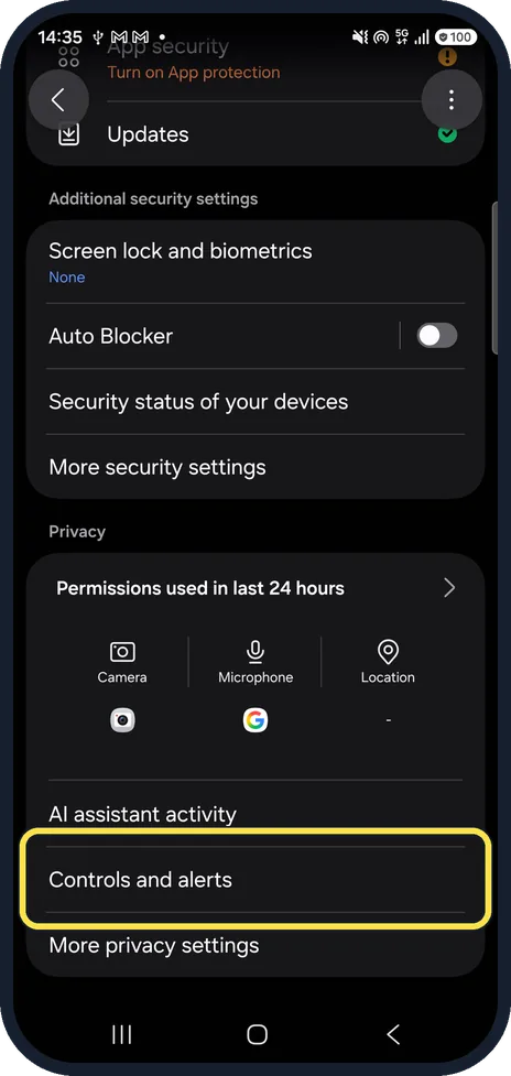 Android screenshot: Tap Controls and alerts