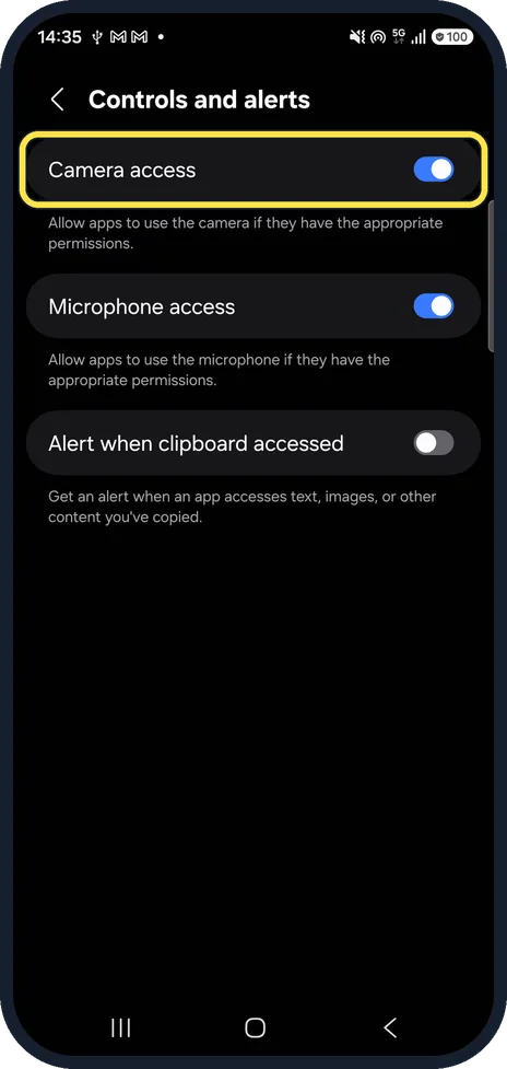 Android screenshot: Turn off Camera access