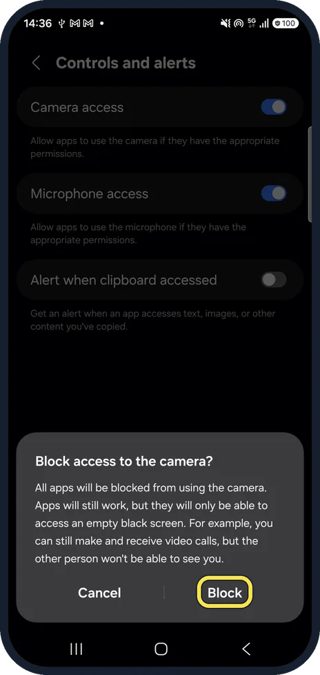 Android screenshot: Tap Block