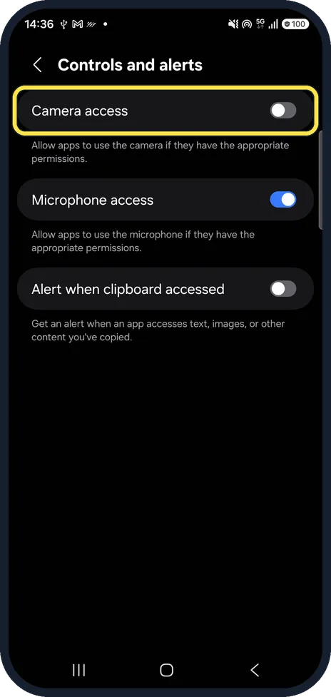 Android screenshot: Camera access is off