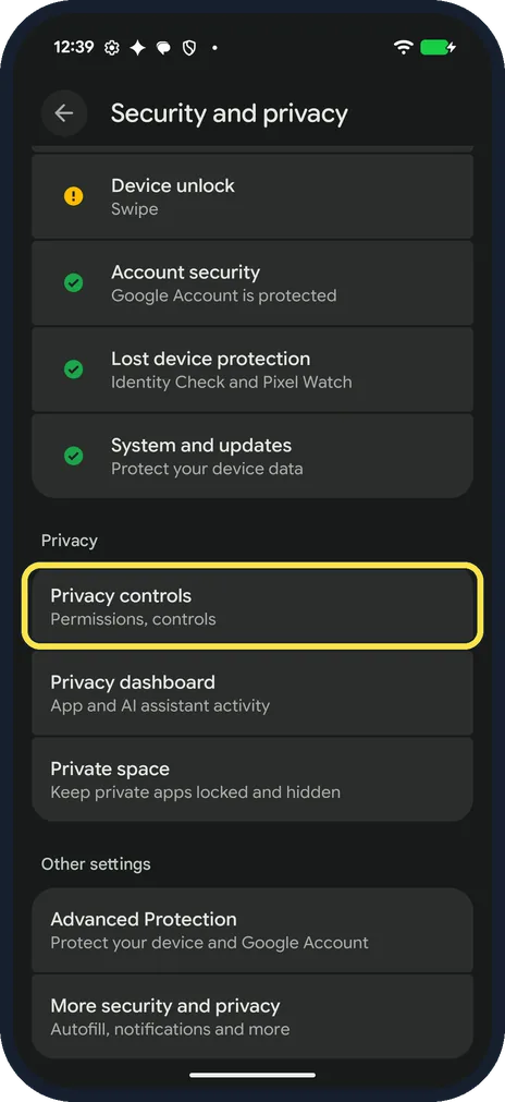 Android screenshot: Tap Privacy controls