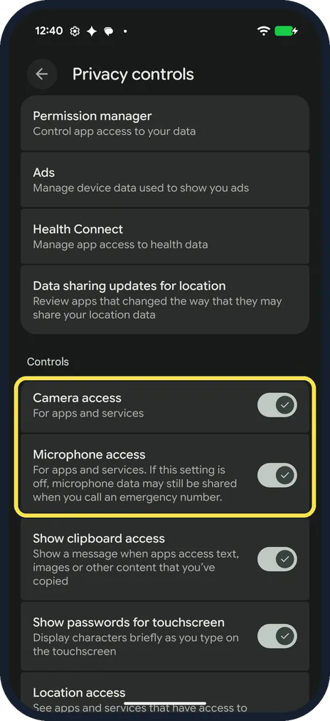 Android screenshot: Find Camera access and Microphone access