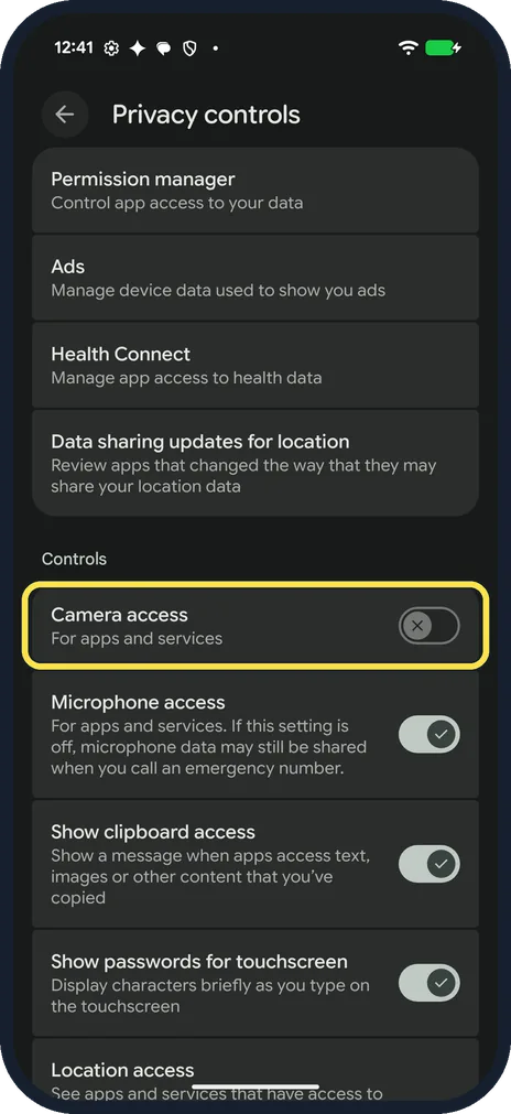 Android screenshot: Turn off Camera access