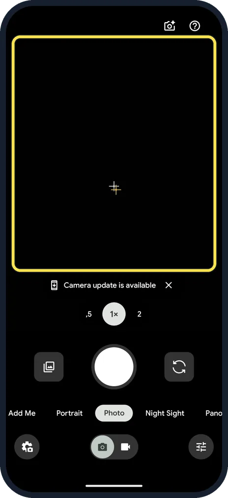 Android screenshot: Cancel: the camera stays black