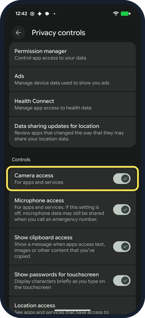 Android screenshot: Turn Camera access back on