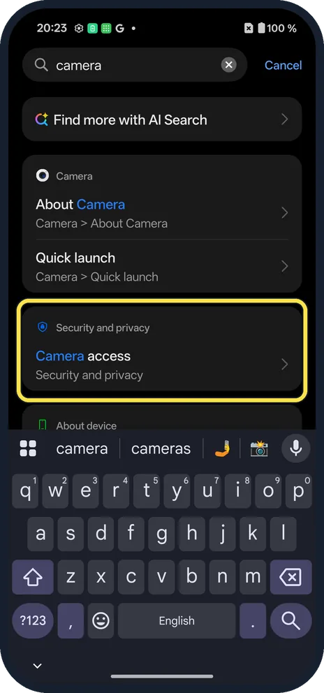 Android screenshot: Search or open Privacy controls