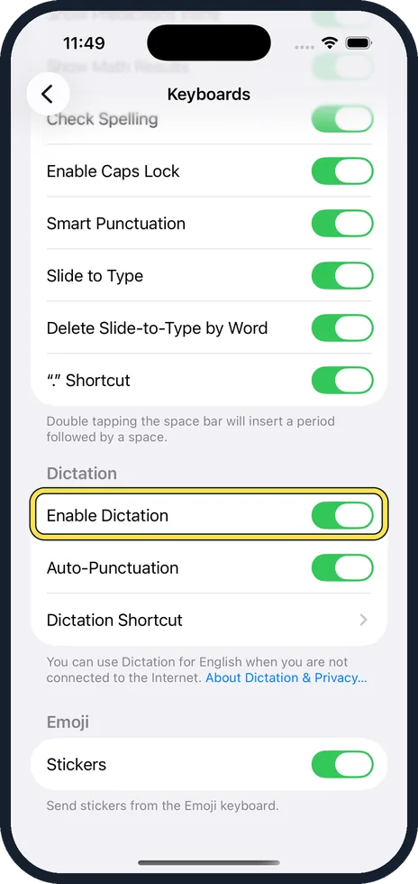 iPhone screen: Scroll down and switch off Enable Dictation