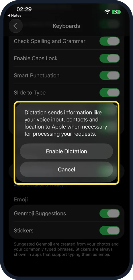 iPhone screen: To turn it back on, tap Enable Dictation