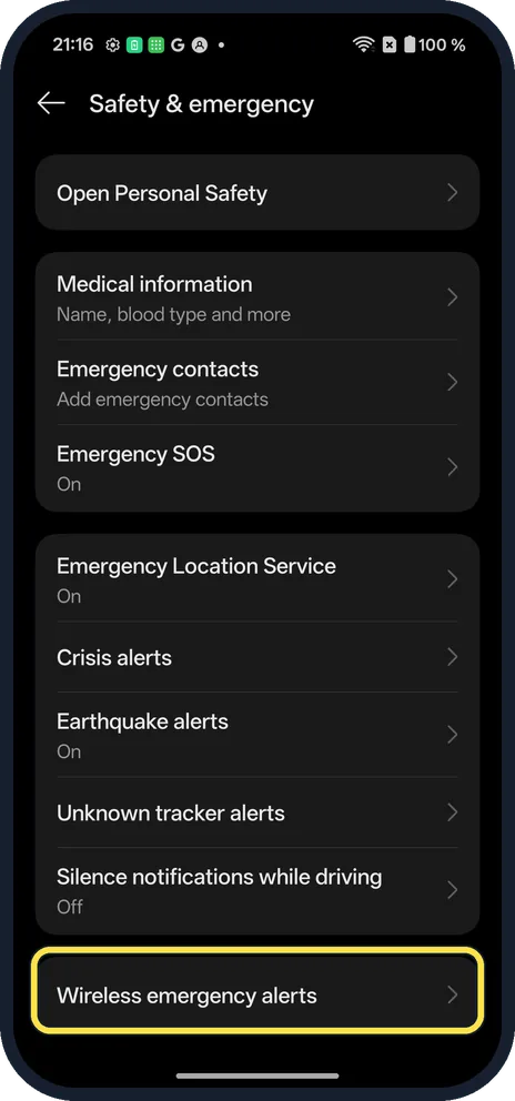 Screenshot from the guide: How to turn off emergency alerts on a OnePlus (OxygenOS 16)
