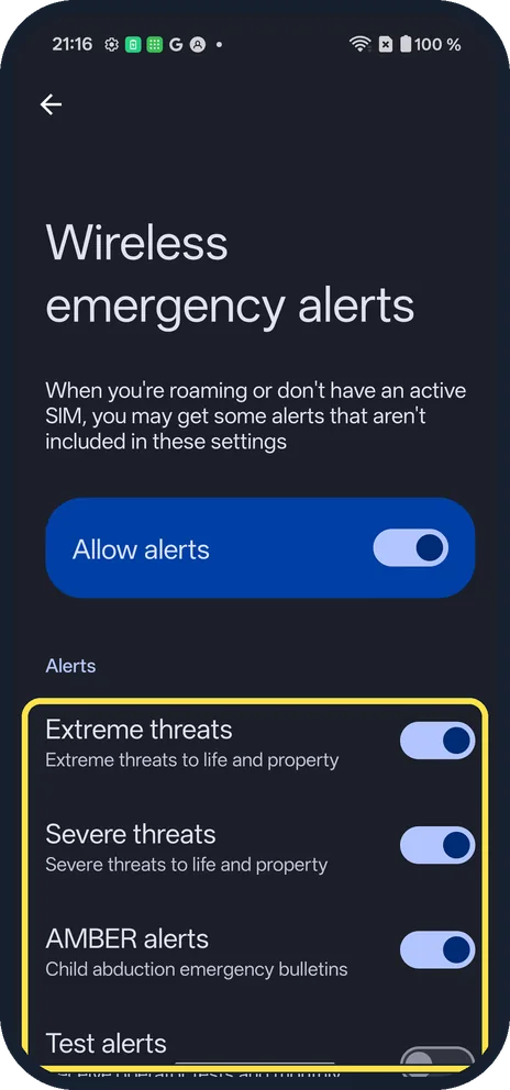 Android screenshot: Switch off a type