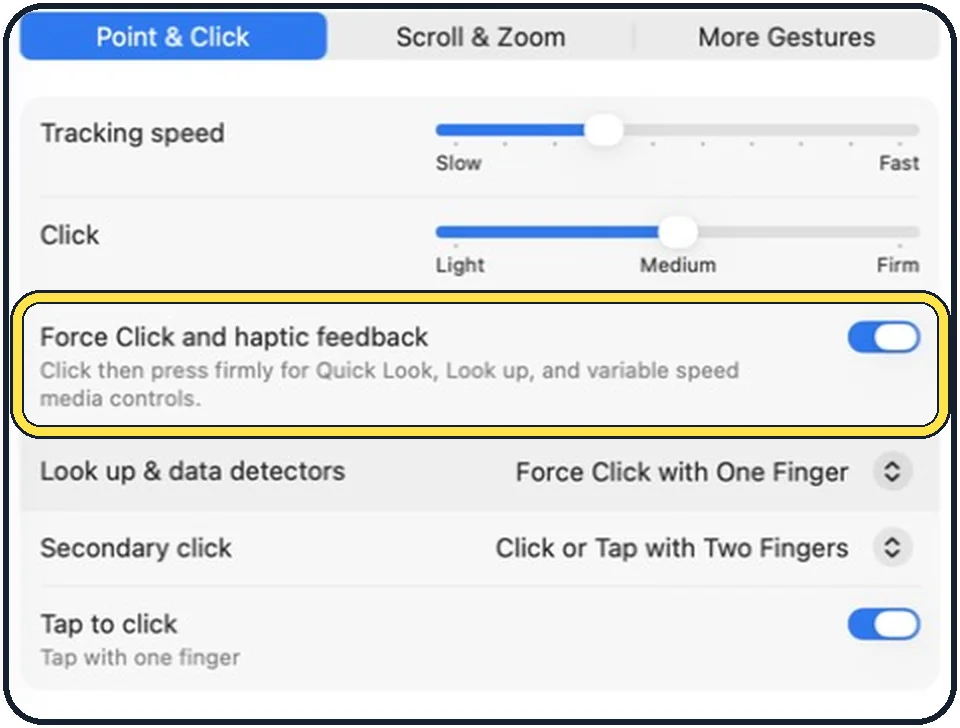 Mac screenshot: Switch off Force Click and haptic feedback