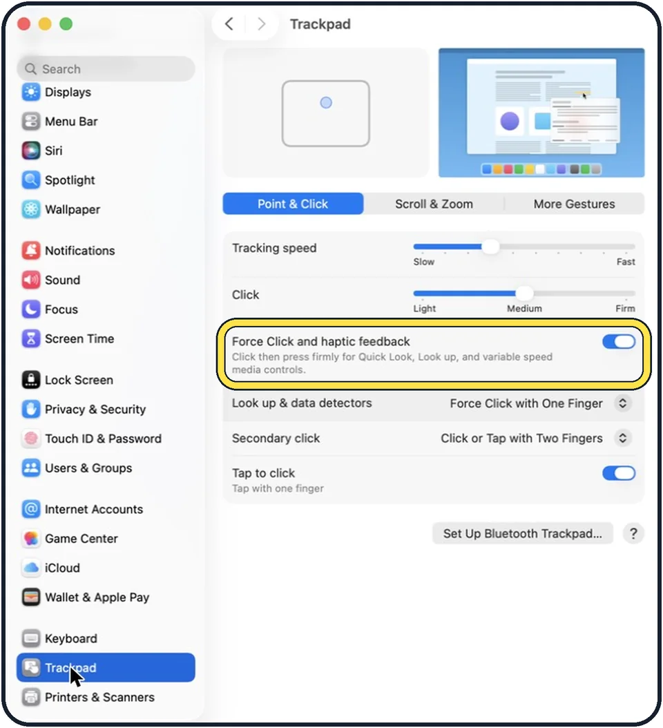 Mac screenshot: Switch off Force Click and haptic feedback