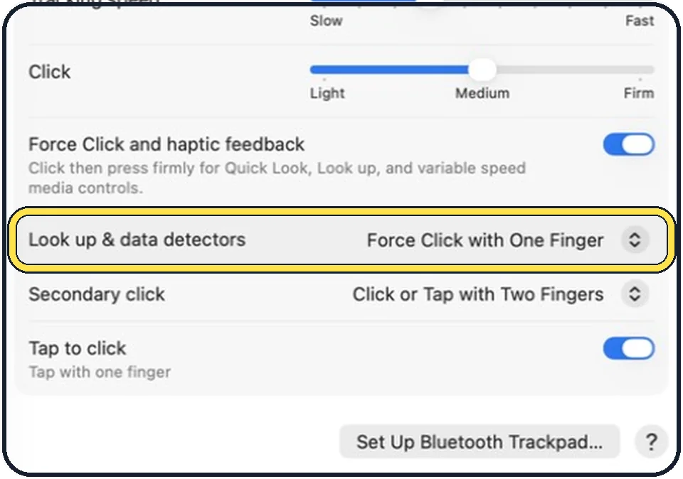 Mac screenshot: Or only change the look-up gesture