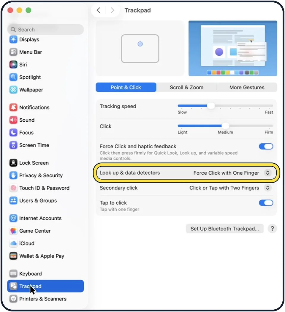 Mac screenshot: Or only change the look-up gesture