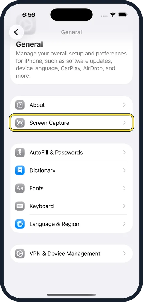 iPhone screen: Tap Screen Capture
