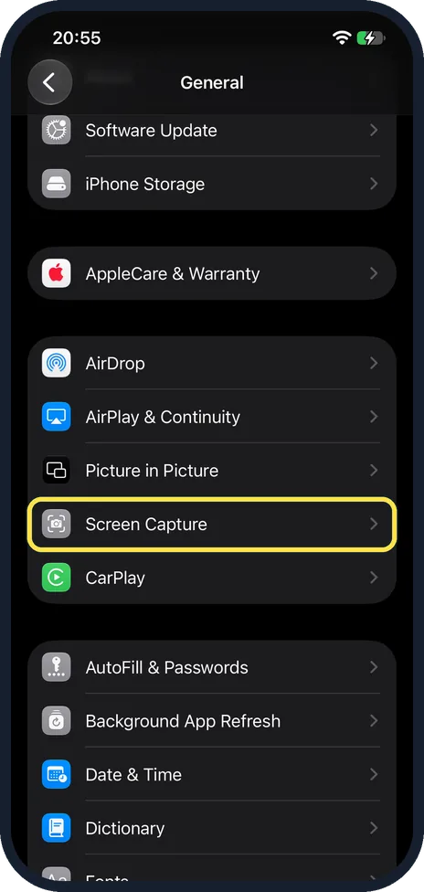 iPhone screen: Tap Screen Capture