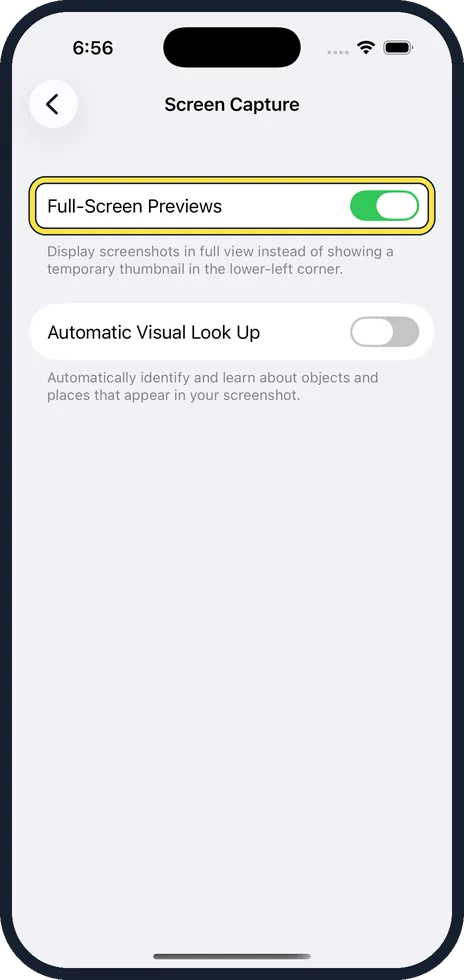 iPhone screen: Switch off Full-Screen Previews