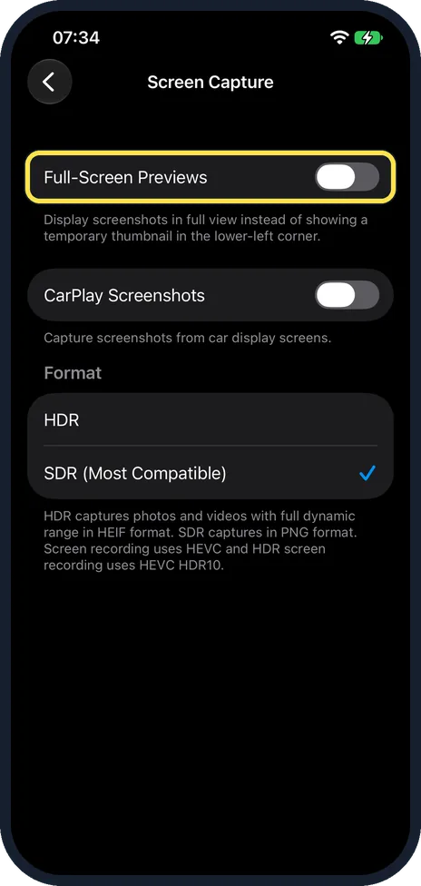 iPhone screen: Switch off Full-Screen Previews