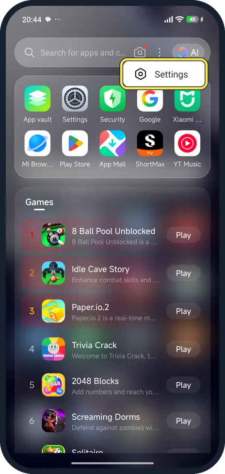 Android screenshot: Tap the three dots, then Settings