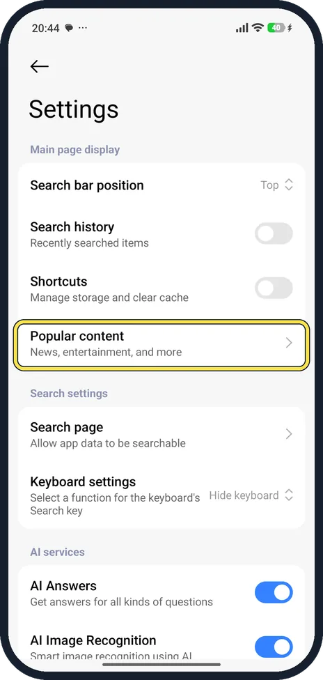 Android screenshot: Tap Popular content