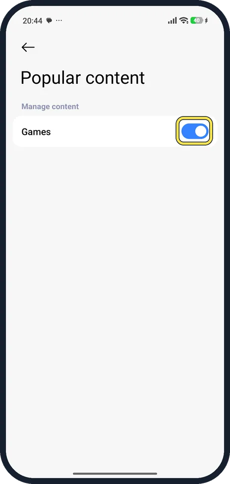 Android screenshot: Turn off Games