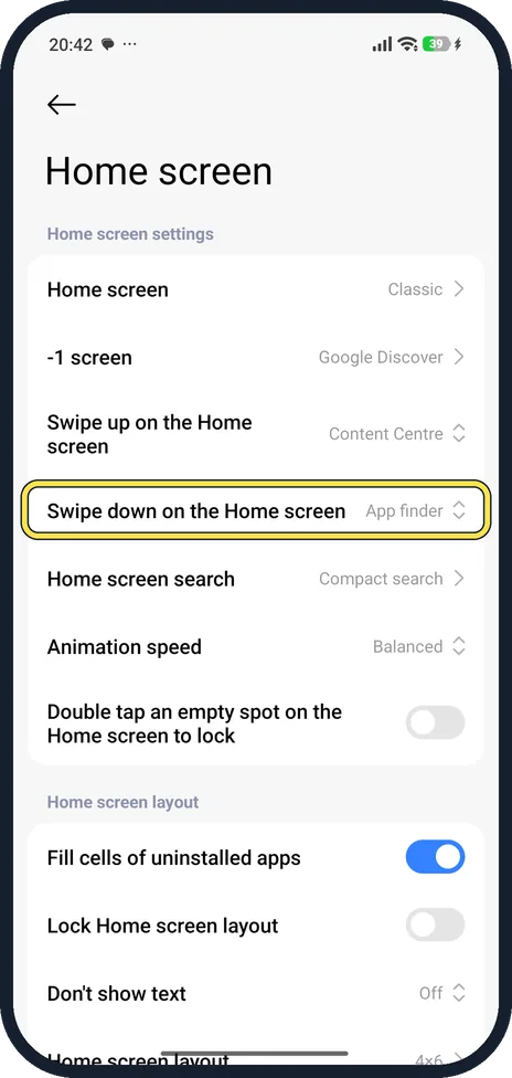 Android screenshot: Or change what the swipe opens
