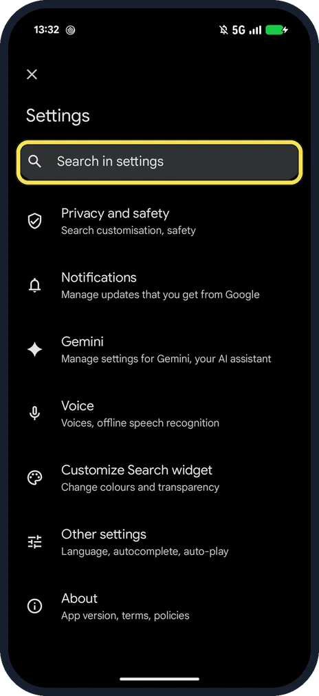 Android screenshot: Tap Search in settings