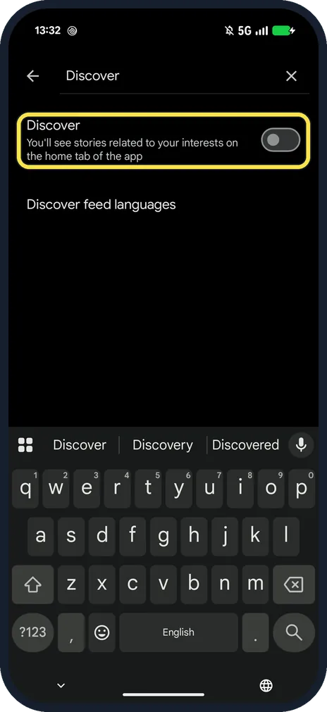 Android screenshot: Switch off Discover