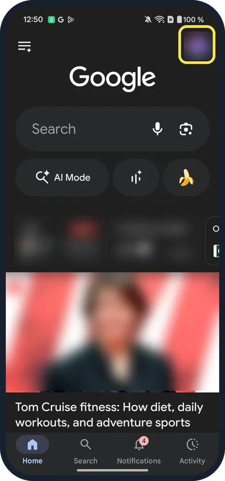 Android screenshot: Open the Google app and tap your profile picture