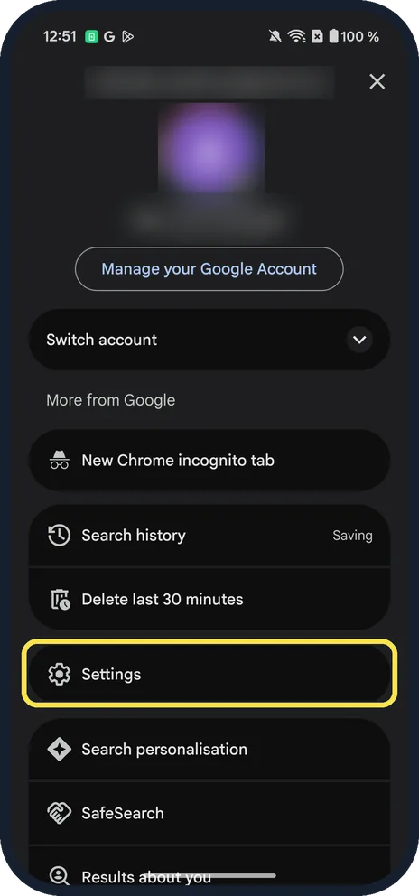 Android screenshot: Tap Settings