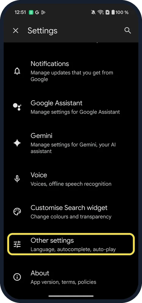 Android screenshot: Tap Other settings
