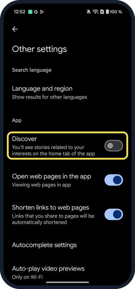 Android screenshot: Switch off Discover