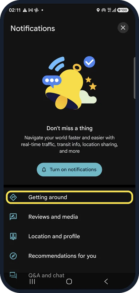 Android screenshot: Open Notifications in Maps settings