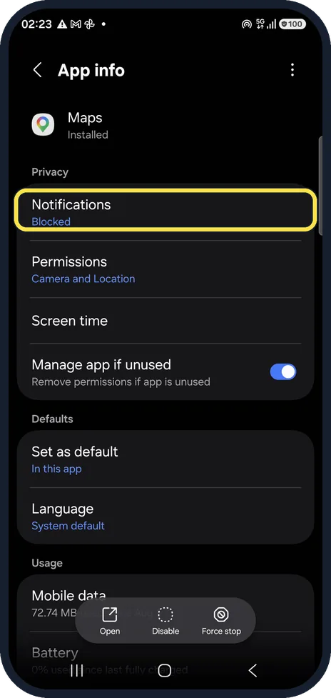 Android screenshot: Or block every Maps notification
