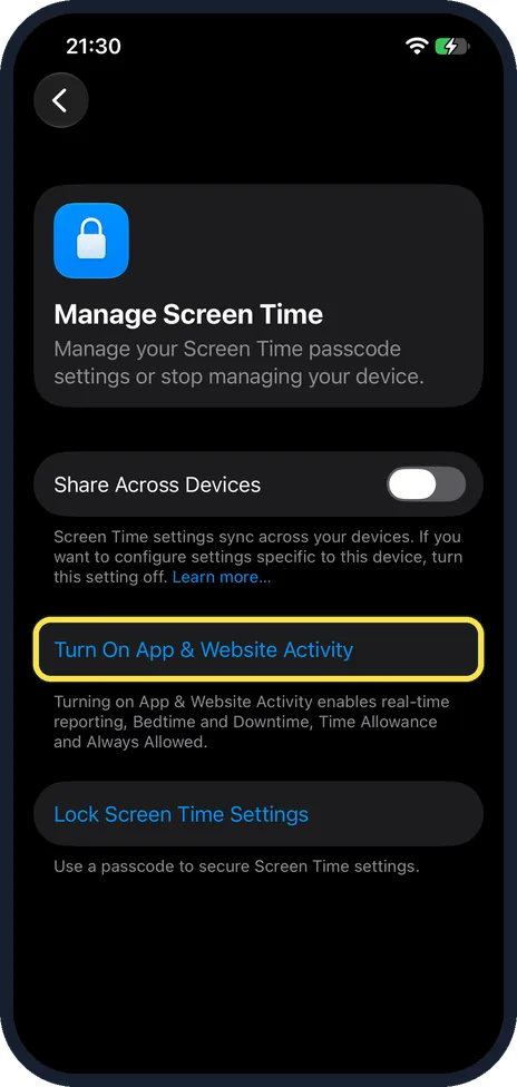iPhone screen: Turn on App & Website Activity