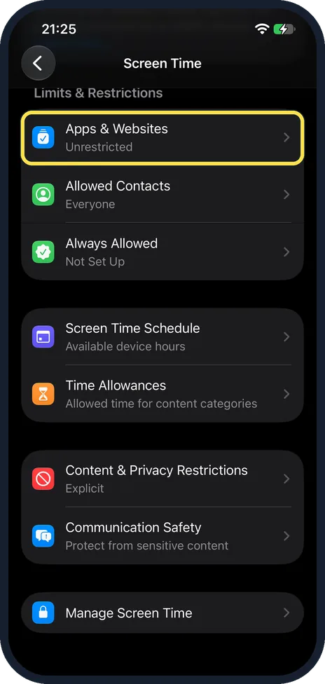 iPhone screen: Tap Apps & Websites