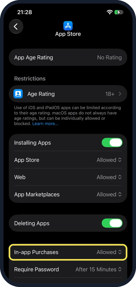 iPhone screen: Tap In-app Purchases