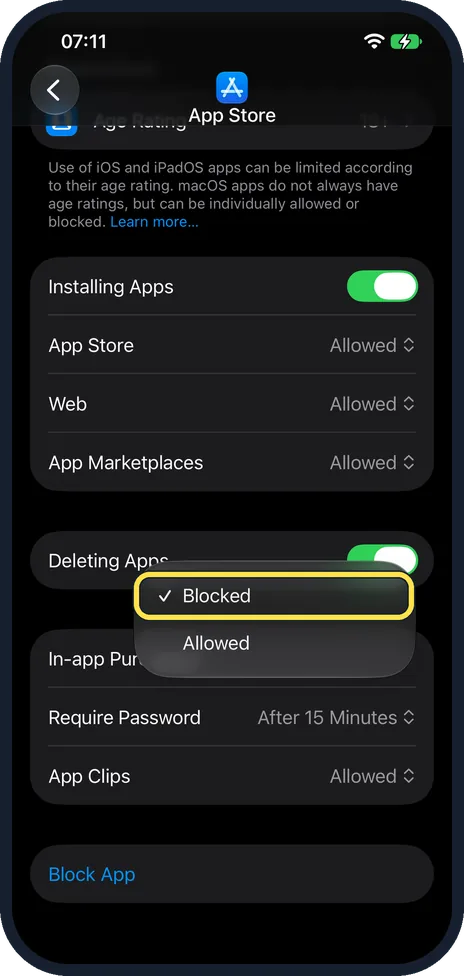 iPhone screen: Choose Blocked
