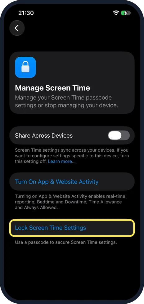 iPhone screen: Set a Screen Time passcode