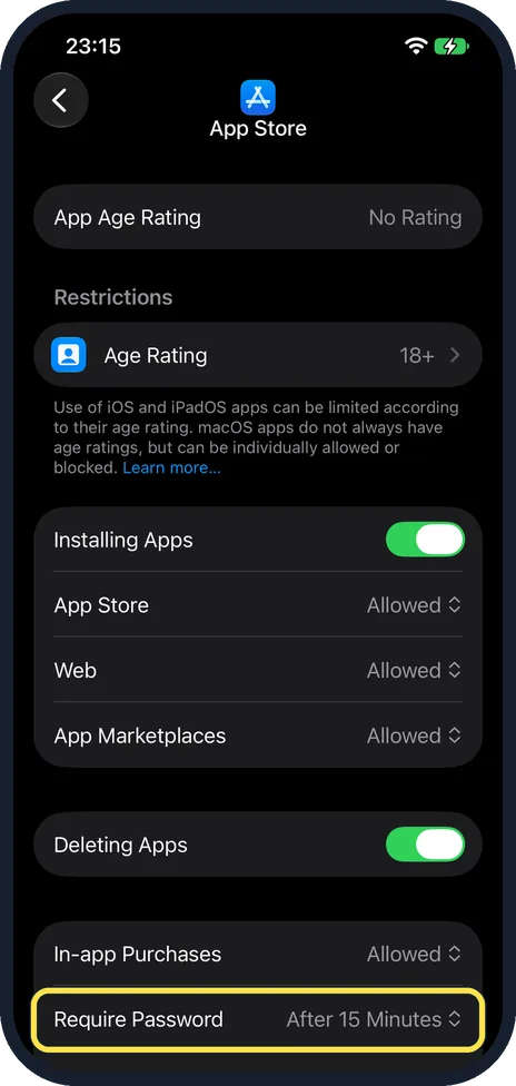 iPhone screen: Or require the password for every purchase