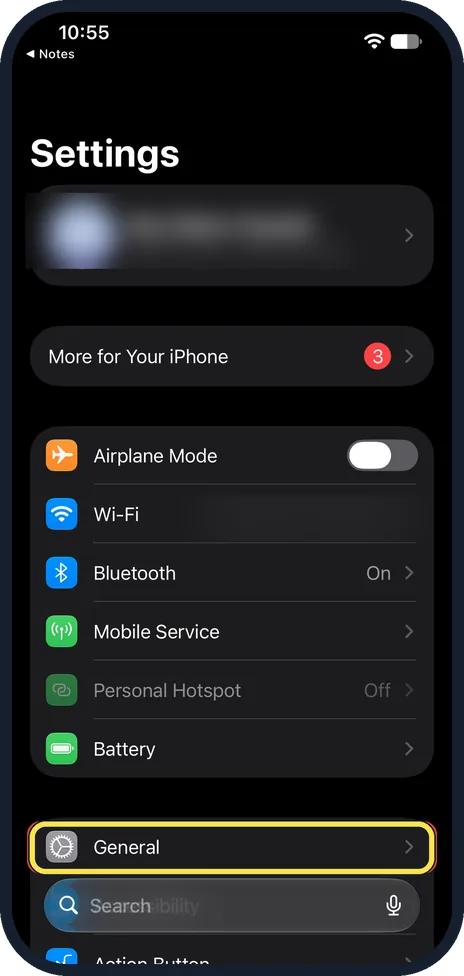 iPhone screen: Open Settings and tap General