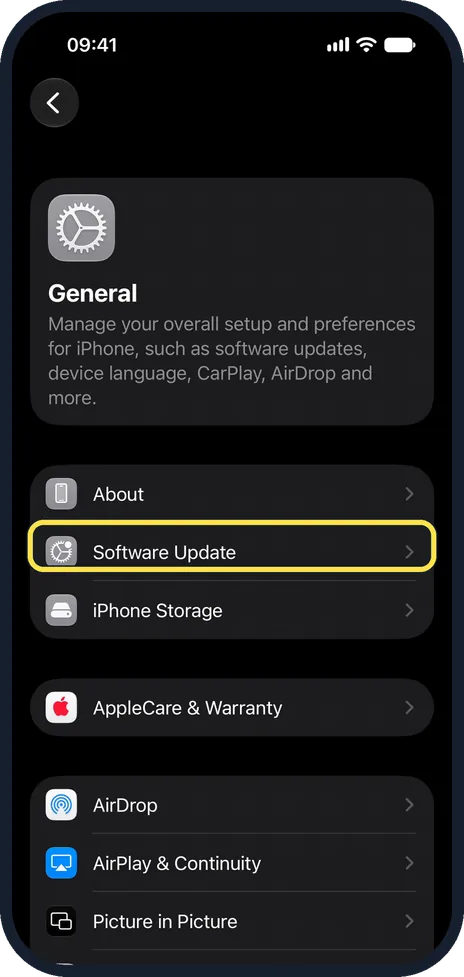 iPhone screen: Tap Software Update