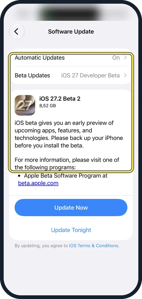iPhone screen: Look at Beta Updates